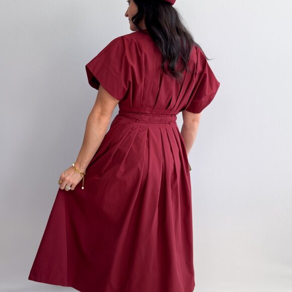 Women's Burgundy Tie-Waist Midi Dress with Pockets - Picture 7 of 9